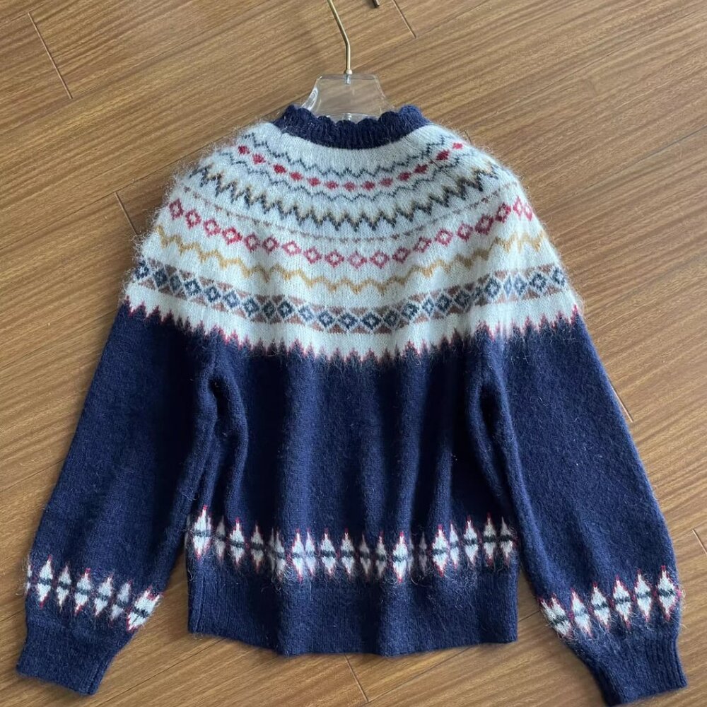 Doen Harvest Mohair Wool Cashmere Knit Print Sweater Top Navy Oslo Fair Isle L - Picture 5 of 8